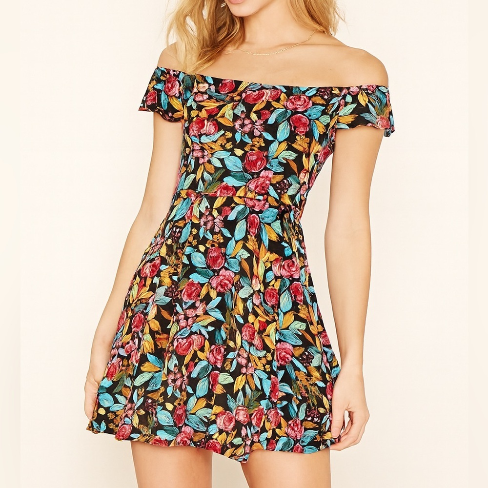 Forever 21 Floral Off Shoulder Skater Mini Dress Y2K Grunge Large